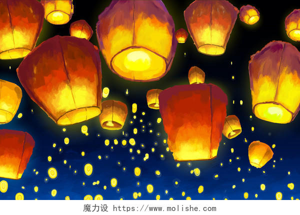 在夜空中浮动的灯笼矢量图中秋节